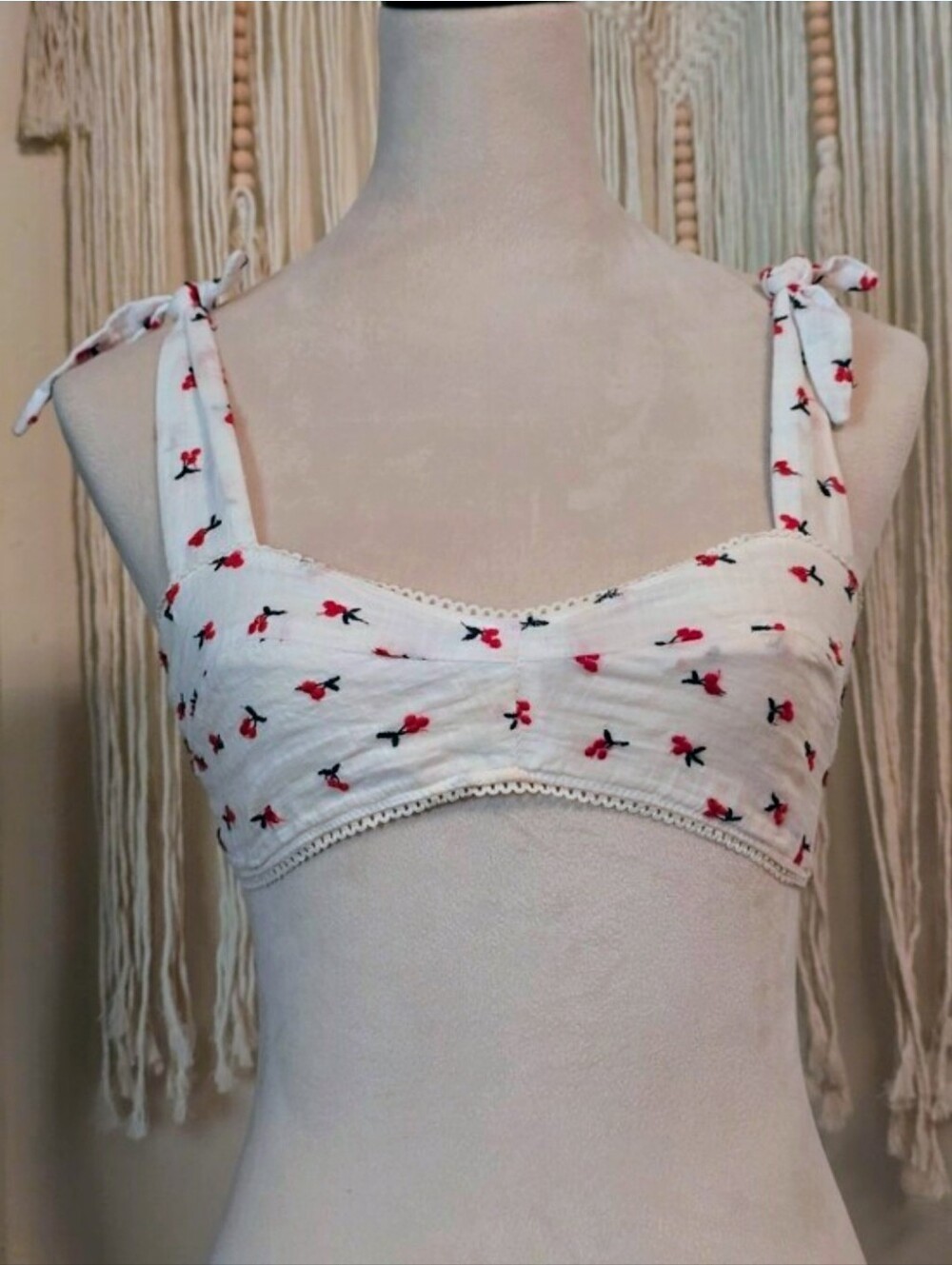 Free People White Crop Top with Red Floral Print and Tie Straps